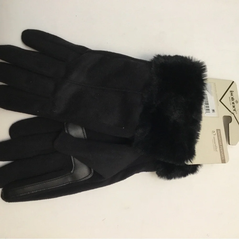 Isotoner Women's Luxurious Black Fur-Trimmed Gloves